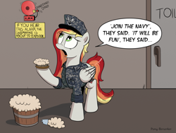 Size: 1032x774 | Tagged: safe, artist:pony-berserker, imported from derpibooru, oc, oc only, oc:autumn flow, pegasus, pony, alarm, clothes, comic, impending doom, military, military uniform, navy, nwu, solo, submarine, this will end in tears, uniform