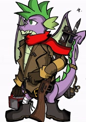 Size: 2818x3999 | Tagged: safe, artist:mcbain, imported from derpibooru, spike, bayonet, boots, clothes, gun, jacket, male, older, rifle, scarf, solo, teenager, weapon