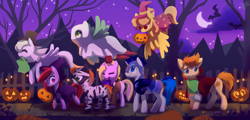 Size: 1280x616 | Tagged: safe, artist:dawnfire, imported from derpibooru, oc, bat, ghost, vampire, bedsheet ghost, clothes, colored pupils, costume, doctor who, fez, halloween, hat, jack-o-lantern, moon, mummy, night, night guard, nightmare night, pumpkin