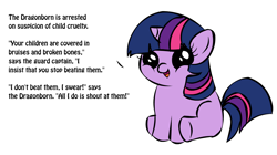 Size: 1194x668 | Tagged: safe, imported from derpibooru, twilight sparkle, pony, unicorn, dovahkiin, dragonborn, female, filly, filly twilight sparkle, filly twilight telling an offensive joke, foal, meme, obligatory pony, skyrim, solo, the elder scrolls