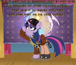 Size: 700x603 | Tagged: safe, imported from derpibooru, twilight sparkle, famous movie scene, female, flag, military uniform, patton, quote, riding crop, solo, stage