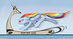 Size: 1000x540 | Tagged: safe, artist:braeburned, deleted from derpibooru, imported from derpibooru, rainbow dash, pegasus, pony, action pose, drink, exercise, gotta go fast, running, solo, treadmill