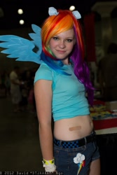 Size: 1365x2048 | Tagged: safe, artist:flirty fillies, imported from derpibooru, rainbow dash, human, belly, belly button, comikaze expo, cosplay, irl, irl human, photo, solo