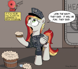 Size: 948x842 | Tagged: safe, artist:pony-berserker, imported from derpibooru, oc, oc only, oc:autumn flow, pegasus, pony, alarm, cleaning, clothes, female, mare, military, military uniform, navy, nwu, solo, submarine, this will end in tears, toilet, uniform