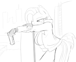 Size: 1103x897 | Tagged: safe, artist:zev, imported from derpibooru, babs seed, anthro, breasts, busty babs seed, desert eagle, female, fingerless gloves, grayscale, gun, monochrome, older, pistol, solo