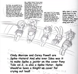 Size: 1696x1617 | Tagged: artist needed, safe, imported from derpibooru, angel bunny, princess cadance, cindy morrow, comic sans, corey powell, disproportionate retribution, drama, imminent death, imminent decapitation, mccarthy drama, meghan mccarthy, monochrome, mouthpiece, op is a duck, peril, rope, spike drama, spike justice warriors, text, tied to tracks, tied up, traditional art, train tracks