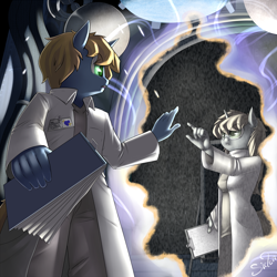 Size: 1150x1150 | Tagged: safe, artist:siden, imported from derpibooru, anthro, alternate universe, bioshock, bioshock infinite, crossover, crying, lutece twins, portal, trans-dimensional device