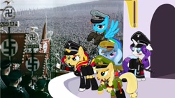 Size: 3000x1686 | Tagged: safe, artist:holsternicholson, imported from derpibooru, applejack, rainbow dash, rarity, sunset shimmer, trixie, earth pony, human, pony, unicorn, blushing, clothes, female, male, mare, nazi, swastika, that's our sid, why sid why