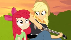 Size: 1191x670 | Tagged: safe, artist:garretthegarret, imported from derpibooru, apple bloom, applejack, equestria girls, guitar, musical instrument
