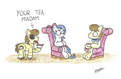 Size: 1024x670 | Tagged: safe, artist:bobthedalek, imported from derpibooru, oc, oc only, oc:kettle master, earth pony, pony, robot, robot pony, bow, bowtie, chair, doppelganger, doppleganger, tea, teacup
