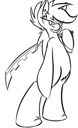 Size: 1705x2773 | Tagged: safe, artist:bloody--mascarade, imported from derpibooru, scootaloo, pony, bipedal, epic, female, monochrome, ponytail, solo, standing, sword