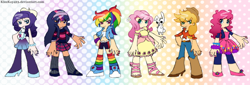 Size: 2048x693 | Tagged: safe, artist:kleekay423, imported from derpibooru, angel bunny, applejack, fluttershy, pinkie pie, rainbow dash, rarity, twilight sparkle, human, rabbit, animal, crossover, humanized, panty and stocking with garterbelt