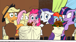 Size: 1024x568 | Tagged: safe, artist:andypriceart, edit, imported from derpibooru, applejack, derpy hooves, fluttershy, pinkie pie, rainbow dash, rarity, twilight sparkle, earth pony, pegasus, pony, turkey, unicorn, caught, cooked, dead, eating, female, food, ham, mane six, mare, meat, ponies eating meat, recolor, table, varying degrees of do not want, wide eyes