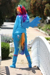 Size: 1067x1600 | Tagged: safe, artist:thesixthleafclover, imported from derpibooru, rainbow dash, human, boots, cosplay, ears, irl, irl human, photo, solo, tail, wings