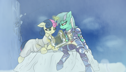 Size: 1366x785 | Tagged: artist needed, source needed, safe, imported from derpibooru, bon bon, lyra heartstrings, sweetie drops, earth pony, pony, semi-anthro, unicorn, armor, crossover, female, lesbian, lyrabon, lyre, magic, parody, saint seiya, shipping, silver cloth, silver saint, telekinesis