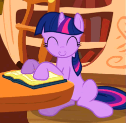 Size: 511x500 | Tagged: safe, imported from derpibooru, screencap, twilight sparkle, pony, unicorn, a friend in deed, season 2, ^^, animated, book, cute, eyes closed, female, golden oaks library, headbob, loop, nodding, sitting, smiling, solo, twiabetes, unicorn twilight