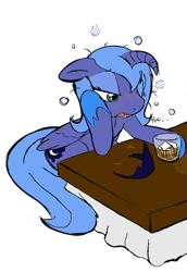 Size: 497x722 | Tagged: safe, artist:0r0ch1, imported from derpibooru, princess luna, alicorn, pony, alcohol, cropped, drunk, drunk bubbles, drunk luna, female, floppy ears, floppy horn, horn, limp horn, s1 luna, solo, table