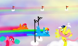 Size: 512x307 | Tagged: safe, artist:sue9000, imported from derpibooru, angel bunny, fluttershy, pinkie pie, rainbow dash, scootaloo, chicken, cap, cheerleader, colors3d, hat, race, referee, referee fluttershy, request, scootaloo can fly, shocked, whistle
