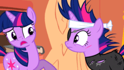 Size: 800x450 | Tagged: safe, imported from derpibooru, screencap, twilight sparkle, it's about time, animated, cropped, duo, eyepatch, female, floppy ears, future twilight, golden oaks library, injured, scrunchy face, self paradox, talking