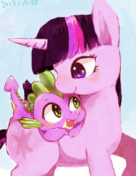 Size: 442x574 | Tagged: safe, artist:chi-hayu, imported from derpibooru, spike, twilight sparkle, dragon, pony, unicorn, blushing, cute, duo, female, male, mare, open mouth, raised hoof, smiling, starry eyes, wingding eyes