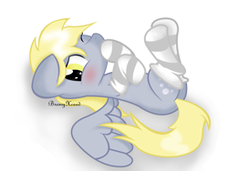 Size: 3648x2736 | Tagged: safe, artist:bronyxceed, imported from derpibooru, derpy hooves, pegasus, pony, blushing, clothes, cute, female, mare, on back, socks, solo, striped socks