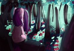 Size: 851x592 | Tagged: safe, artist:mewball, imported from derpibooru, pinkie pie, female, flower, forest, pinkamena diane pie, scenery, sitting, solo, tree