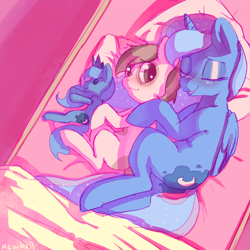 Size: 750x750 | Tagged: safe, artist:mewball, imported from derpibooru, pipsqueak, princess luna, bed, butt, cuddling, cute, female, lunapip, male, plot, plushie, sleeping, snuggling, straight