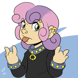 Size: 1700x1700 | Tagged: safe, artist:deeum, imported from derpibooru, sweetie belle, human, choker, collar, devil horn (gesture), female, humanized, meanie belle, metal horns, solo, spiked choker, spiked collar, spiked wristband, wristband