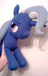 Size: 635x1000 | Tagged: safe, artist:idrawponies, imported from derpibooru, trixie, pony, unicorn, disembodied hand, female, irl, mare, photo, plushie, smiling, solo