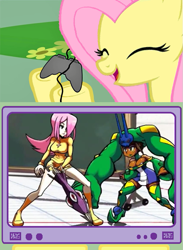 Size: 563x771 | Tagged: safe, imported from derpibooru, fluttershy, pegasus, pony, brazil, cerebella, exploitable meme, female, gamershy, mare, meme, palette swap, parasoul, skullgirls, tv meme