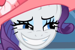 Size: 728x493 | Tagged: safe, imported from derpibooru, screencap, rarity, sweet and elite, close-up, faic, female, rapeface, reaction image, smiling, solo