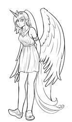 Size: 776x1300 | Tagged: safe, artist:aphexangel, imported from derpibooru, princess luna, human, female, horned humanization, humanized, monochrome, solo, tailed humanization, winged humanization