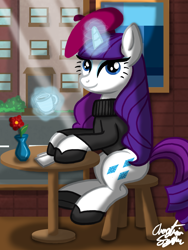 Size: 1080x1440 | Tagged: safe, artist:inkrose98, imported from derpibooru, rarity, beatnik rarity, beret, clothes, female, hat, sitting, solo