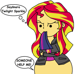 Size: 993x964 | Tagged: safe, artist:girlsvoreboys, imported from derpibooru, sunset shimmer, twilight sparkle, alicorn, equestria girls, dialogue, eaten alive, fetish, preylight, tail sticking out, twilight sparkle (alicorn), vore, voreset shimmer