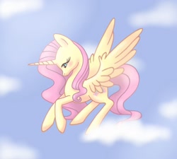 Size: 1606x1447 | Tagged: safe, artist:donkeyinthemiddle, imported from derpibooru, fluttershy, alicorn, pony, alicornified, female, fluttercorn, mare, profile, race swap, sky, solo, spread wings, wings