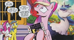 Size: 1990x1093 | Tagged: safe, artist:andypriceart, idw, imported from derpibooru, diamond rose, lemony gem, princess cadance, shining armor, alicorn, pegasus, pony, unicorn, neigh anything, spoiler:comic, spoiler:comic12, album cover, background pony, female, magenta rain, male, mare, official comic, ponified, ponified album cover, ponytail, prance and the revolution, prince (musician), prince and the revolution, purple rain, record, stallion, thought bubble