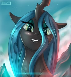 Size: 2521x2726 | Tagged: dead source, safe, artist:skyart301, artist:skyline19, imported from derpibooru, queen chrysalis, changeling, changeling queen, beautiful, bedroom eyes, blushing, cute, cutealis, eyeshadow, female, horn, looking at you, makeup, portrait, smiling, solo