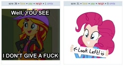 Size: 532x284 | Tagged: safe, imported from derpibooru, pinkie pie, sunset shimmer, derpibooru, equestria girls, exploitable meme, juxtaposition, juxtaposition win, meme, meta, vulgar