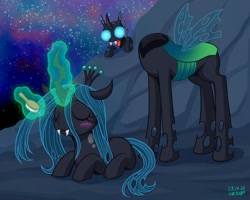 Size: 902x720 | Tagged: safe, artist:uotapo, imported from derpibooru, queen chrysalis, changeling, changeling queen, blushing, brush, brushie, brushing, caught, chibi, cute, cutealis, duo, exoskeleton, eyes closed, female, magic, molting, mountain, night, observer, open mouth, petite, ponysuit, salmon yet not salmon, shed skin, shell, shocked, sky, smiling, starry sky, telekinesis, true form, uotapo is trying to murder us, uotapo will kill us all