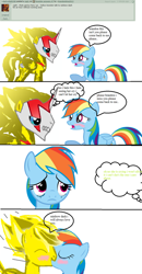 Size: 644x1241 | Tagged: safe, imported from derpibooru, rainbow dash, oc, alicorn, pegasus, pony, pony creator, alicorn oc, ask, blushing, canon x oc, comic, crying, donut steel, duo, eww, female, kissing, male, mask, ms paint, ohgodwhat, straight, text, wat, why