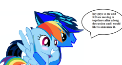 Size: 1024x544 | Tagged: safe, imported from derpibooru, rainbow dash, oc, pegasus, pony, pony creator, 1000 hours in ms paint, announcement, blushing, brandon, canon x oc, donut steel, female, male, ms paint, shipping, straight, text, wat, why