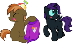 Size: 2735x1652 | Tagged: safe, artist:clamstacker, imported from derpibooru, button mash, oc, oc:nyx, alicorn, pony, alicorn oc, clothes, sweater