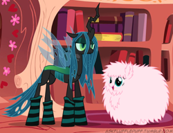 Size: 650x500 | Tagged: safe, artist:mixermike622, imported from derpibooru, queen chrysalis, oc, oc:fluffle puff, tumblr:ask fluffle puff, clothes, socks, striped socks