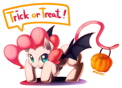 Size: 1659x1197 | Tagged: safe, artist:maren, imported from derpibooru, pinkie pie, earth pony, pony, bat wings, cat tail, face down ass up, female, grin, looking at you, nightmare night, pixiv, pumpkin, pumpkin bucket, smiling, solo, spread wings, tail hold