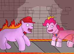 Size: 1024x749 | Tagged: safe, artist:pewdie-pinkiepie, imported from derpibooru, oc, oc:clarance, earth pony, pony, 1000 hours in ms paint, canon x oc, clarence, clothes, cross, crossover, crown, dress, failed 4chan troll, hat, mario, ms paint, necklace, obvious troll, princess peach, religion, shipping, super mario bros., tiara, troll, wat, why