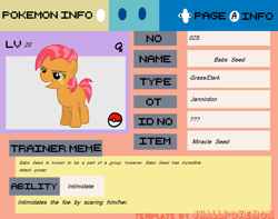 Size: 1357x1071 | Tagged: safe, imported from derpibooru, babs seed, completed info, filly, info, poké ball, pokéball, pokémon, ponymon, vector