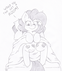 Size: 935x1074 | Tagged: safe, artist:joey darkmeat, imported from derpibooru, pinkie pie, pony, bed, blanket, clothes, female, hooves, monochrome, sock puppet, socks, solo, traditional art