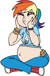 Size: 588x895 | Tagged: safe, artist:megasweet, imported from derpibooru, rainbow dash, human, belly, belly button, big belly, chubby cheeks, clothes, converse, dashface, female, humanized, light skin, preggo dash, pregnant, pregnant edit, shoes, solo