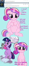 Size: 1000x2251 | Tagged: safe, artist:kuromi, imported from derpibooru, princess cadance, smarty pants, twilight sparkle, unicorn, ask, blushing, comic, doll, filly, filly twilight sparkle, teen princess cadance, tumblr, unicorn twilight, younger