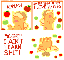 Size: 668x630 | Tagged: safe, artist:hellarmy, imported from derpibooru, applejack, the super speedy cider squeezy 6000, apple, comic, i didn't learn anything, i'm so alone, that pony sure does love apples, vulgar